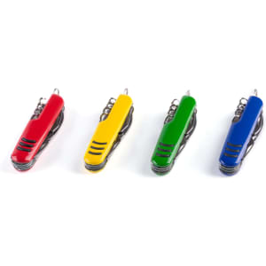 A set of four multifunction pocket knives in red, yellow, green, and blue, each with a keyring attachment and a logo.
