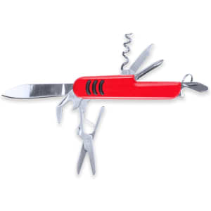 A red multifunction pocket knife with various tools including a knife, scissors, and corkscrew. It has a branding logo.