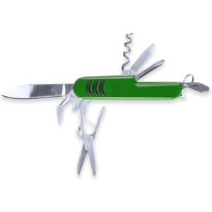 A green multifunction pocket knife with various tools including a blade, scissors, and a corkscrew. It has a logo.
