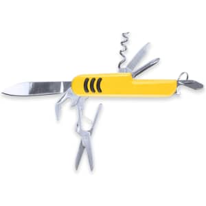 A multifunction pocket knife with a yellow handle, featuring a knife blade, scissors, and a corkscrew.
