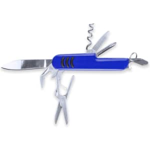 A blue multifunction pocket knife featuring a blade, scissors, corkscrew, and various tools. It has a logo on one side.