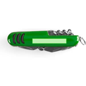 A green multifunction pocket knife featuring a corkscrew and metallic elements, with a space for branding.