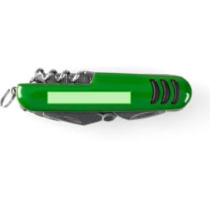 A green multifunction pocket knife with multiple tools, featuring a logo and a keyring attachment.