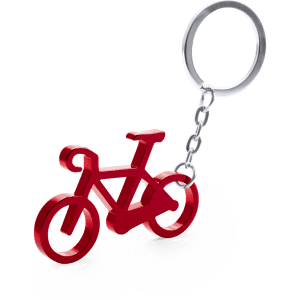 A red bicycle-shaped keyring with a silver chain and ring attachment.