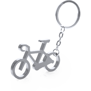 A metallic silver keyring in the shape of a bicycle, featuring a circular attachment loop.