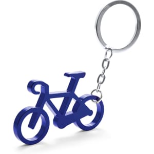 A blue bicycle-shaped keyring with a metal chain and ring for attachment.