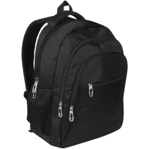 A black Arcano Backpack with multiple compartments and zippers, featuring a side mesh pocket and a logo.