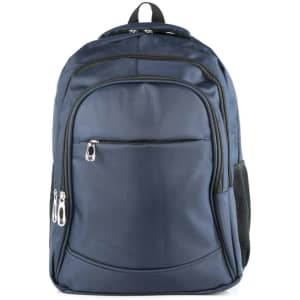 A navy blue backpack with multiple compartments, including a front zipper pocket and a side mesh pocket. It features a logo.