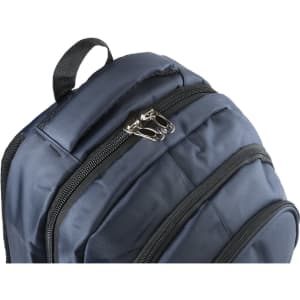 A navy blue backpack with multiple zippered compartments and a top handle. It features a logo on the fabric.