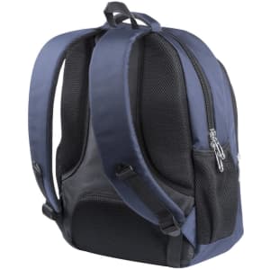 A navy and black backpack featuring mesh detailing and multiple zippered compartments. It has padded shoulder straps and a logo.