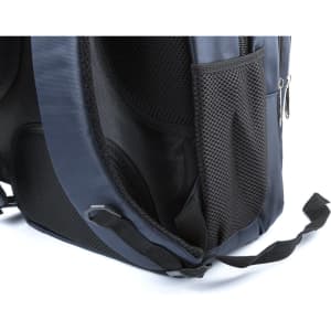 A navy blue backpack featuring mesh side pockets and adjustable straps. The material appears durable and textured.