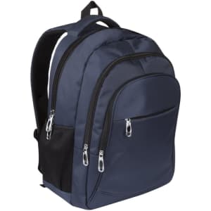 A navy blue backpack featuring multiple zippered compartments and a mesh side pocket. It has a logo on it.
