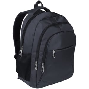 A black backpack featuring multiple zippered compartments and a mesh side pocket, also displaying a logo.