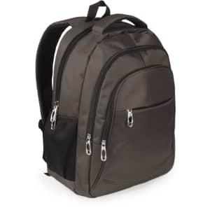 A brown backpack with multiple zippered compartments and mesh side pockets, featuring a logo on the front.