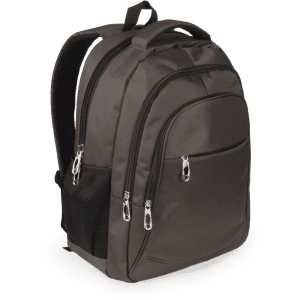 A black backpack with multiple compartments and zippered pockets, featuring a logo on the front.