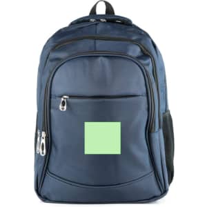 A navy blue backpack featuring multiple pockets, a mesh side pocket, and a logo on the front.