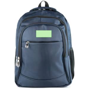 A navy blue Arcano backpack features multiple zippers, a front pocket, and a side mesh compartment. It includes a logo.