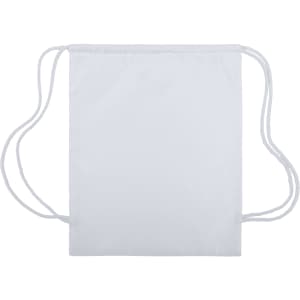 A white drawstring bag featuring two matching drawstrings and a simple design. It includes a logo.