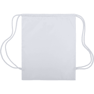 A white drawstring bag with two matching drawstrings, featuring a simple design and no visible logos.