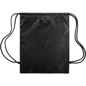 A black drawstring bag with two cords, featuring a simple design and no visible logo.