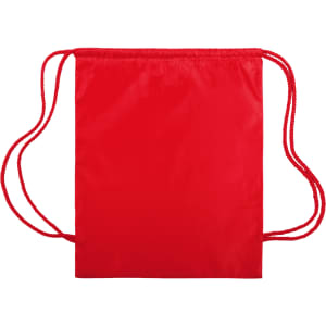 A red drawstring bag with matching drawstrings and a simple design. It features a logo on the front.