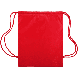 A red drawstring bag with matching red cords and a branded logo.