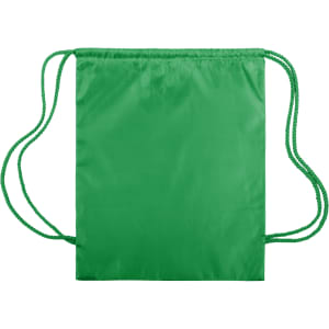 A green drawstring bag with matching green cords, featuring a simple and sleek design.