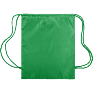 A green drawstring bag with matching colour straps and a simple design, featuring a logo.