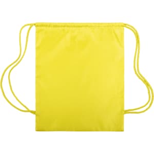 A yellow drawstring bag with matching yellow cords and a simple design. It features a logo on the front.