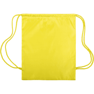 A yellow drawstring bag with matching straps and a simple design. It features a logo.