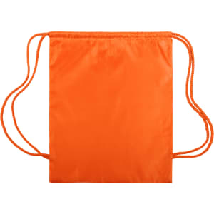 An orange drawstring bag featuring matching cords and a simple, lightweight design. It has a branding logo.