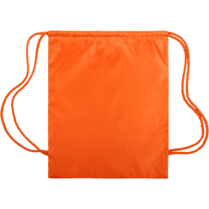 An orange drawstring bag with matching cords, featuring a simple design and a branding logo.