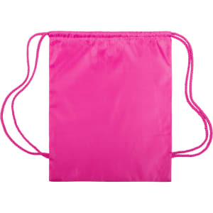 A pink drawstring bag with matching cords, featuring a simple design and a logo.