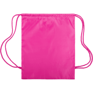A pink drawstring bag with matching cord straps and a plain design. Includes a logo.