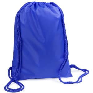 A blue drawstring bag with matching rope handles and a simple design, featuring a logo.
