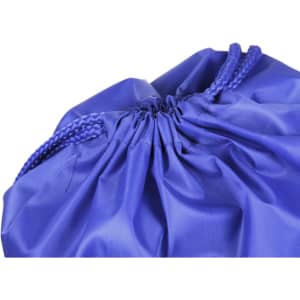 A blue drawstring bag with a gathered top and two braided cords for closing. Features a logo.