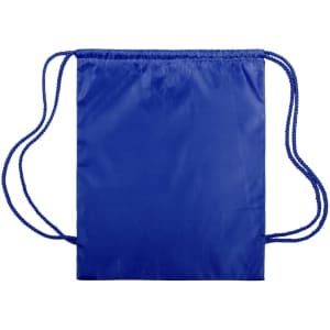 A blue drawstring bag featuring a matching drawstring and a logo, made from durable material.