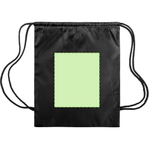 A black drawstring bag featuring a light green rectangular area and two black cords. It has a logo.