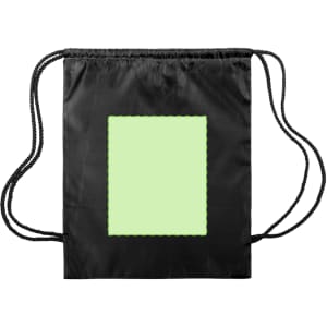 A black drawstring bag with a green accent square and two black drawstrings. It features a logo or branding.
