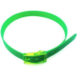 A green belt with a transparent buckle, featuring a sleek and modern design. It includes a logo.