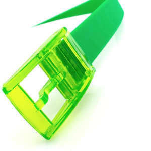 A vibrant green belt featuring a clear, bright green buckle, showcasing a modern design.