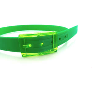 A green belt featuring a chunky transparent buckle. The belt has multiple sizing holes for adjustment.