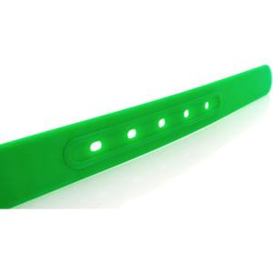 A green silicone belt with multiple holes for size adjustment and a smooth finish. It features a logo on one side.