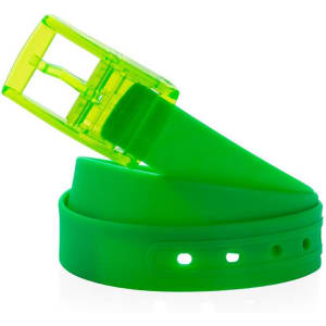 A bright green belt with a matching translucent buckle and holes for adjustment, featuring a brand logo.
