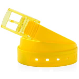 A yellow belt with a clear buckle, featuring multiple adjustment holes. It has a glossy finish and a simple design.