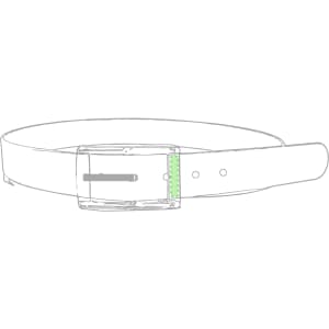 A white belt with a transparent buckle and a green accent, featuring a branding logo.