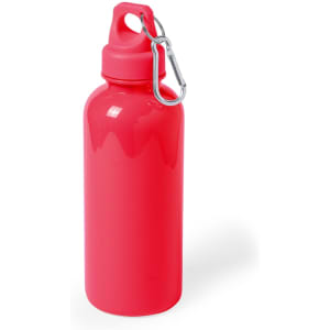 A drink bottle in vibrant pink with a carabiner clip for easy attachment. Features a sleek, glossy finish.