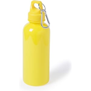 A drink bottle in bright yellow with a glossy finish and a metal carabiner attached. Features a logo.