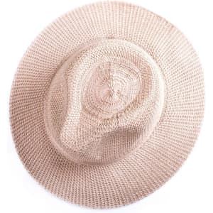 A light beige woven hat with a wide brim and a circular crown, featuring a subtle texture.