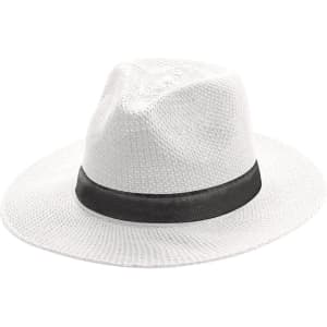 A white hat with a black band, designed for headwear. It features a wide brim and a textured finish.